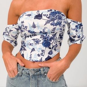 blue porcelain print crepe bardot corset top